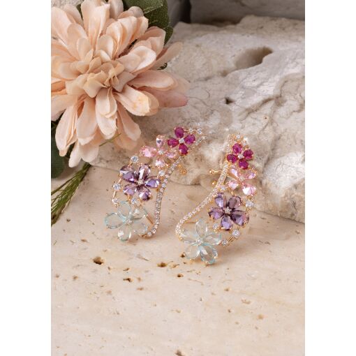 Brinco Ear Cuff Flowers Colors Banhado em Ouro 18k Pino Prata 925