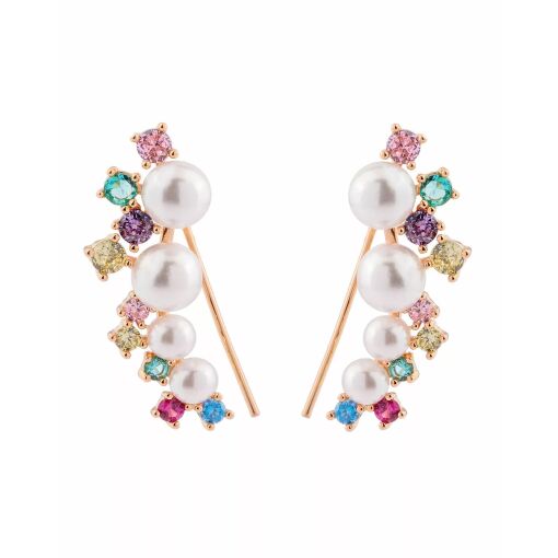 Brinco Pérola Shell Meia Lua com Zircônias Rainbow