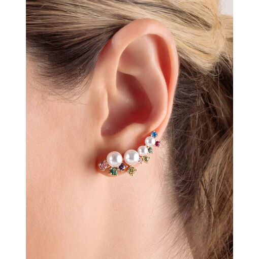 Brinco Pérola Shell Meia Lua com Zircônias Rainbow