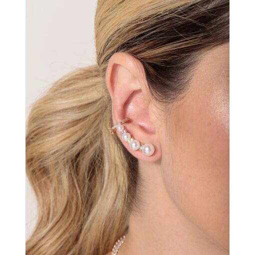 Brinco Ear Cuff Pérola com Piercing Fake Cravejado
