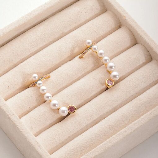 Brinco Ear Cuff Pérola com Zircônia Grande Rosa