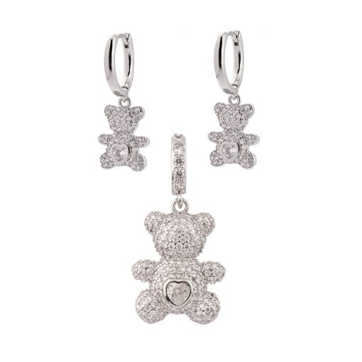 Conjunto Ursinho Cravejado Banhado em Ródio Branco