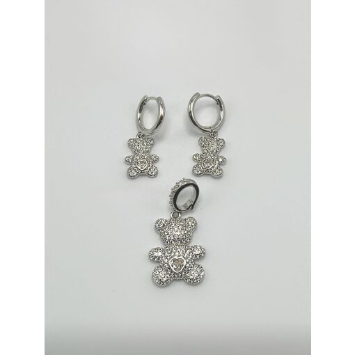 Conjunto Ursinho Cravejado Banhado em Ródio Branco