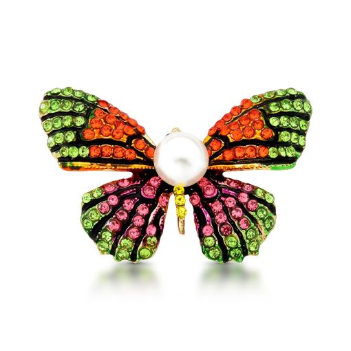 Broche Borboleta Colorida Cravejada Com Detalhe em Pérola