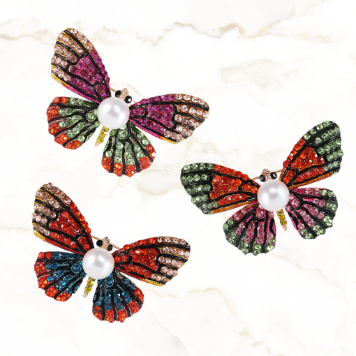 Broche Borboleta Colorida Cravejada Com Detalhe em Pérola