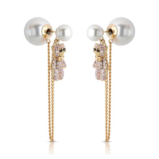 Brinco Ear Jacket Luxo Urso Cravejado com Corrente e Pérola Shell