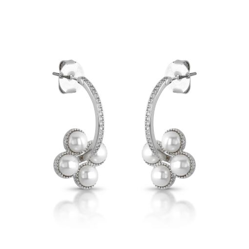 Brinco Luxo Meia Argola Cravejada Trevo Pérola Shell