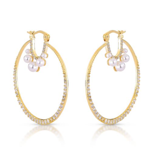 Brinco Luxo Argola Elegante Cravejada com Pérola Shell