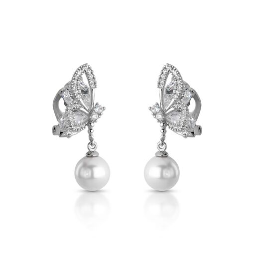 Brinco de Pressão Asa de Borboleta Cravejada Cristal Banhado em Ródio Branco