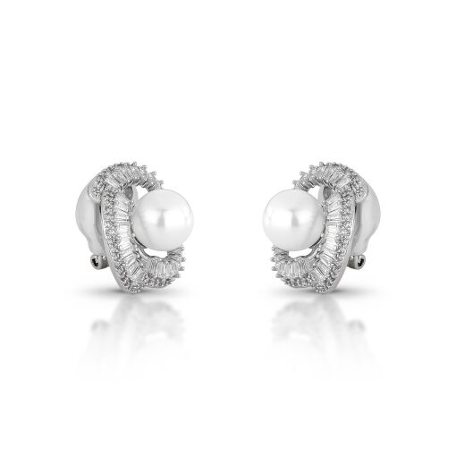 Brinco de Pressão Centro Pérola Shell Cravejado Cristal Banhado em Ródio Branco