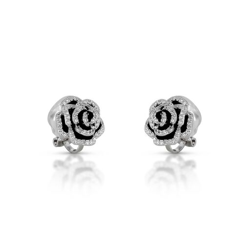 Brinco de Pressão Flor com Esmalte Black Cravejado Cristal Banhado em Ródio Branco