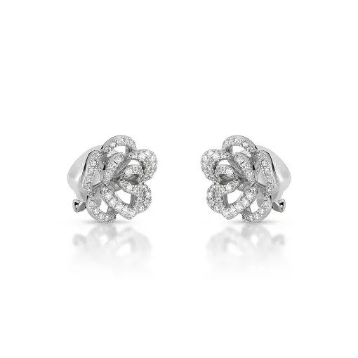 Brinco de Pressão Flor com Borda Cravejada Cristal Banhado em Ródio Branco