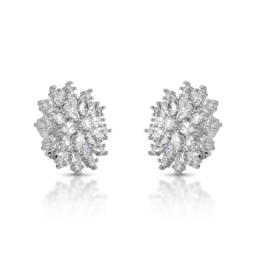 Brinco de Pressão Flor Ponto de Luz Cravejada Cristal Banhado em Ródio Branco