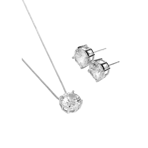 Conjunto Ponto de Luz Cristal Corrente em Elo Português Banhado em Ródio Branco