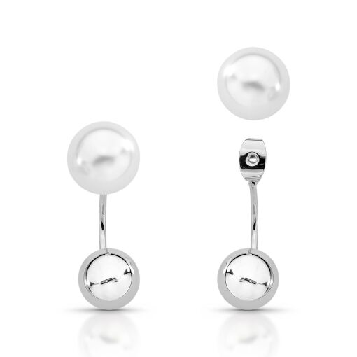 Brinco Ear Jacket Pérola Shell Pêndulo Esfera Lisa Pino em Prata 925