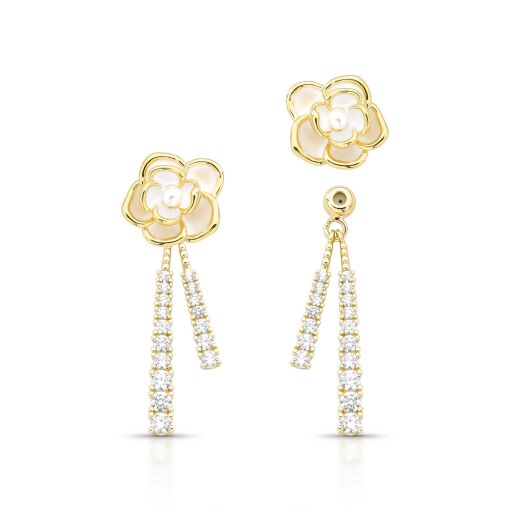 Brinco Ear Jacket Camélia Esmaltada White Pêndulo Cravejado com Zircônias Pino em Prata 925