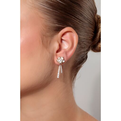 Brinco Ear Jacket Camélia Esmaltada White Pêndulo Cravejado com Zircônias Pino em Prata 925