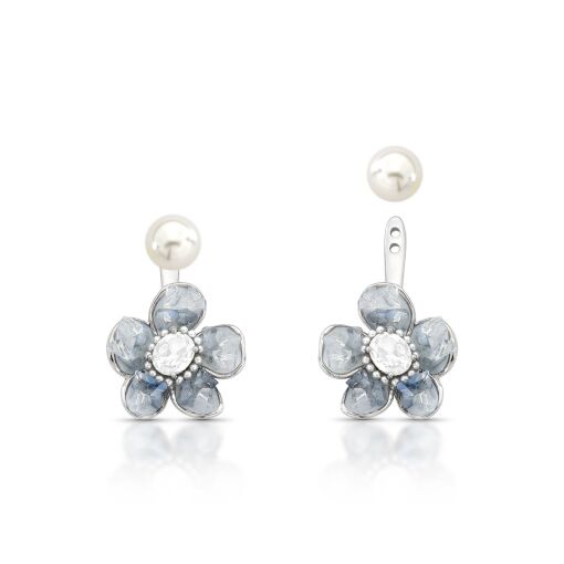 Brinco Ear Jacket Flor Cristais de Vidro Azul com Pérola Shell Pino Prata 925