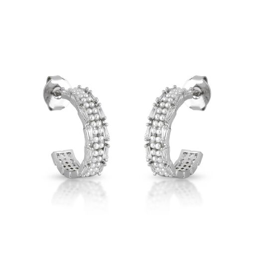 Brinco Luxo Argola Baguete Cristal com Mini Pérolas Shell