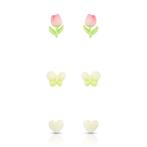 Brinco Trio Tulipa Esmaltada Pino em Prata 925