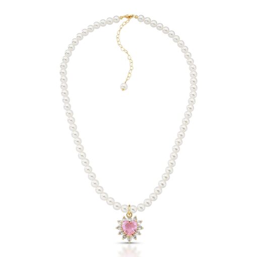 Colar Pérola Shell Pingente Coração Rosa Cravejado com Zircônias