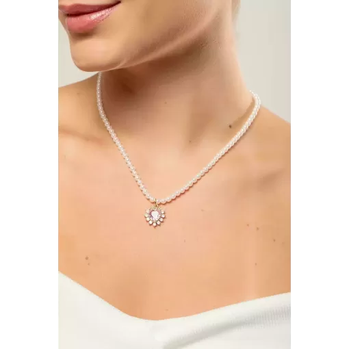 Colar Pérola Shell Pingente Coração Rosa Cravejado com Zircônias