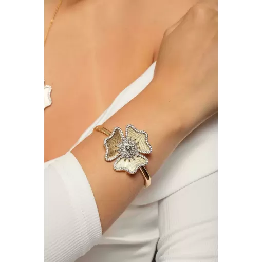 Bracelete Flor Maxi Cravejada com Zircônias com Detalhes em Ródio Branco