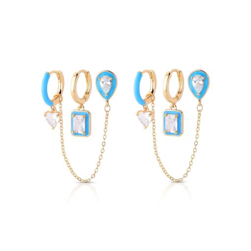 Brinco Trio Argola Click Esmaltado Azul Gota Pêndulo