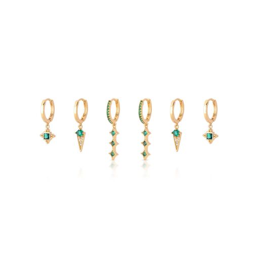 Brinco Trio Argola Click Pêndulos Triângulos com Cravação em Zircônia Esmeralda