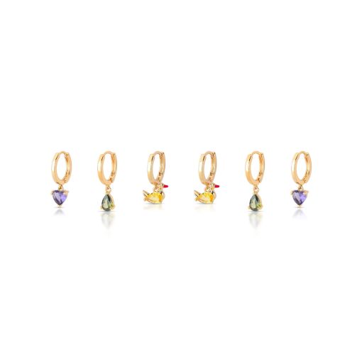 Brinco Trio Argola Click Pêndulos Patinhos com Cravação em Zircônias Coloridas