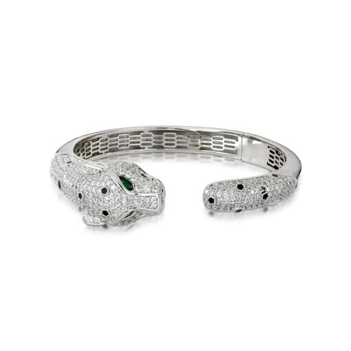 Bracelete Panthere Cravejado com Zircônias Cristal e Esmeralda