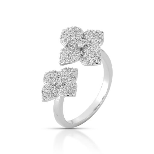 Anel Delicado Duo Flores Quatro Pétalas Cravejado com Zircônias