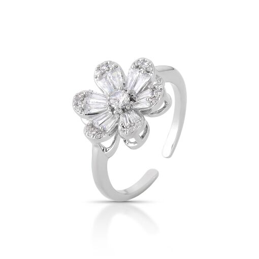 Anel Delicado Flor de Luz Cravejado com Zircônias em Baguete - A