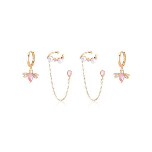 Brinco Trio Argola Click Pêndulo Bee com Cravação em Zircônias Pink Light e Ear Line em Pérolas Shel