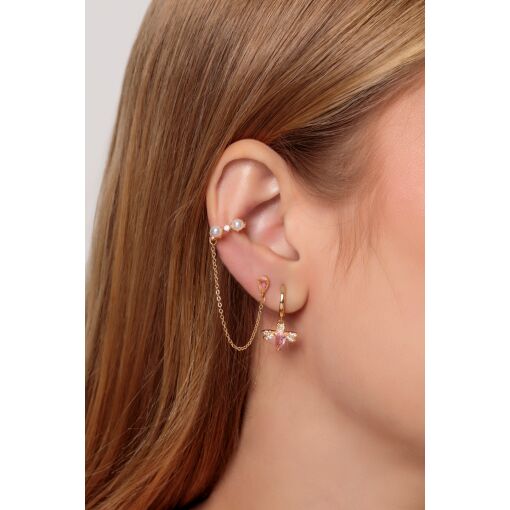 Brinco Trio Argola Click Pêndulo Bee com Cravação em Zircônias Pink Light e Ear Line em Pérolas Shel