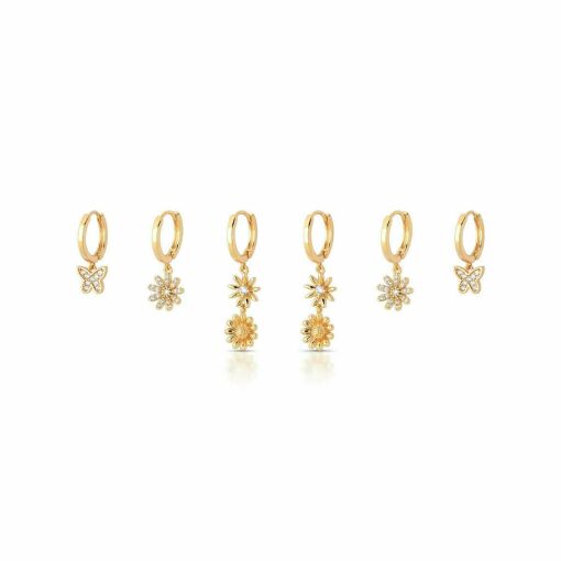 Brinco Trio Argola Click Pêndulo Margaridas Cravejado com Zircônias Pino em Prata 925