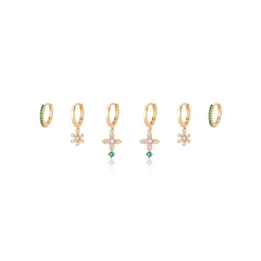 Brinco Trio Argola Click Flores Cravejada com Zircônias Pink Lig