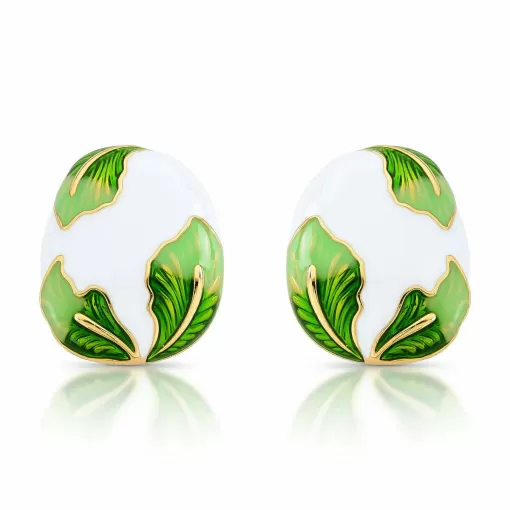 Brinco Esmaltado White Folhas Pino em Prata 925