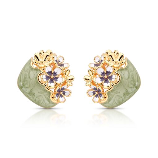 Brinco Esmaltado Verde Oliva Buquê de Flores com Lilás e White P