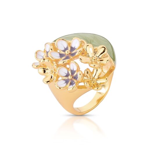 Anel Esmaltado Verde Oliva Buquê de Flores com Lilás e White - T