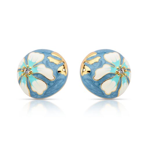 Brinco Esmaltado Azul com Flor White e Azul Turquesa Pino em Prata 925