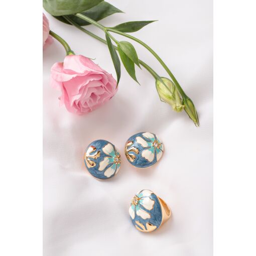 Brinco Esmaltado Azul com Flor White e Azul Turquesa Pino em Prata 925