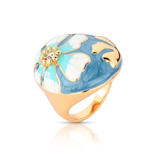 Anel Esmaltado Azul com Flor White e Azul Turquesa - Tamanhos
