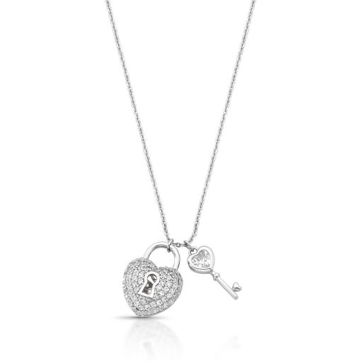 Colar Delicado Corrente Elo Português Pingente Key to my Heart Cravejado com Zircônias