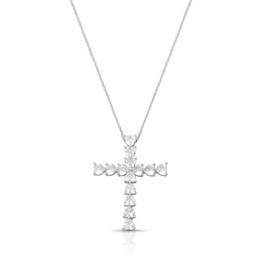 Colar Delicado Corrente Elo Português Pingente Cruz Heart Cravejado com Zircônias Cristal