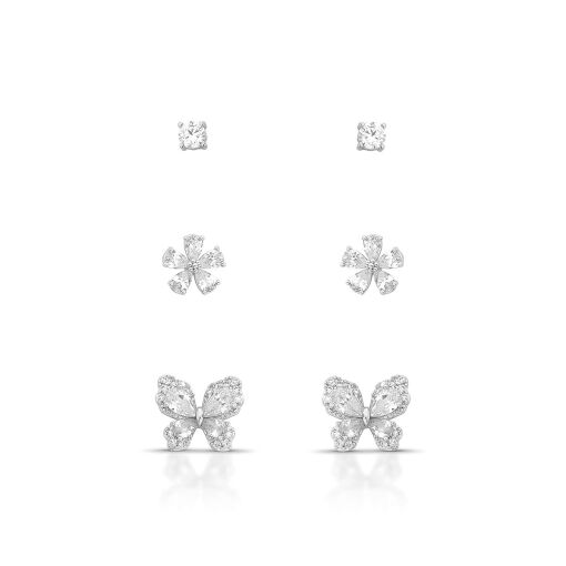 Brinco Trio Butterfly Cravejado com Zircônias Cristal Pino em Prata 925
