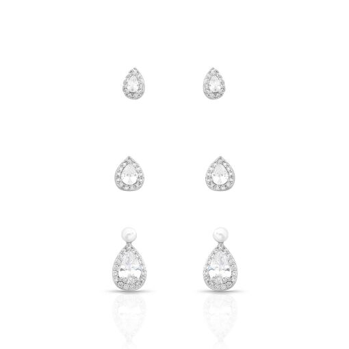 Brinco Trio Gotas Cravejadas com Zircônias Cristal e Mini Pérola Shell Pino em Prata 925