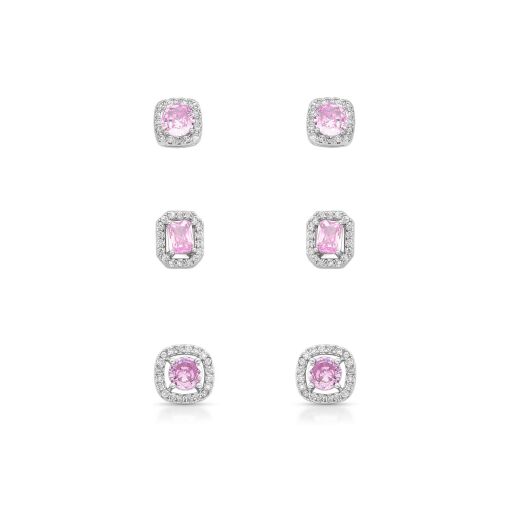 Brinco Trio Square Cravejados com Zircônias Pink Light Pino em Prata 925