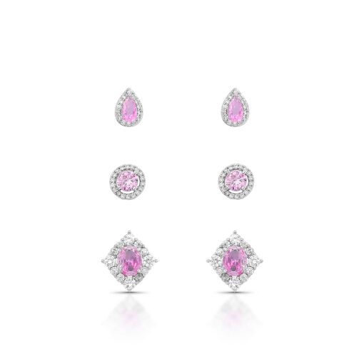 Brinco Trio Geométrico Cravejados com Zircônias Pink Light Pino em Prata 925