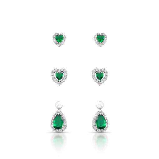 Brinco Trio Love Heart Cravejados com Zircônias Esmeralda e Cristal Pino em Prata 925